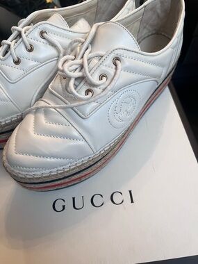 Gucci White Leather Platform Espadrille with Red & Blue Stripe
